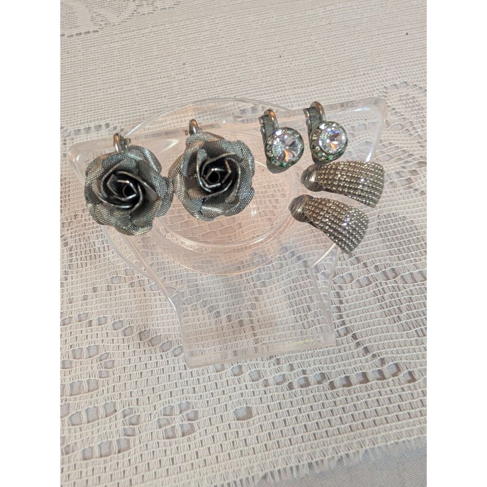 Vintage Silver Tone Romance Clip On Earring Trio: Mesh Roses, Solitaires & Hoops